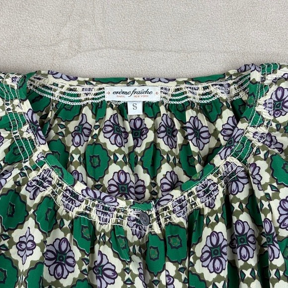 Crème Fraîche Green Floral Print Blouse Women's Small Top 3/4 Sleeve Button Down - Picture 3 of 8